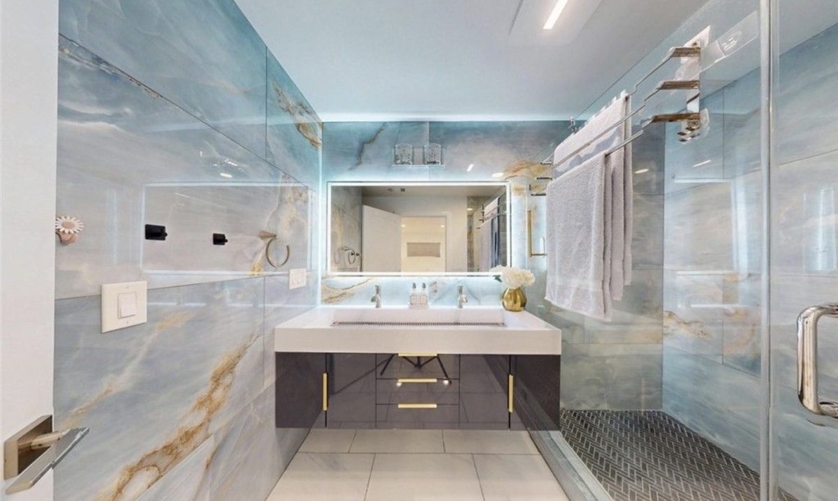 Blue Onyx Bathroom with Floating Vanity